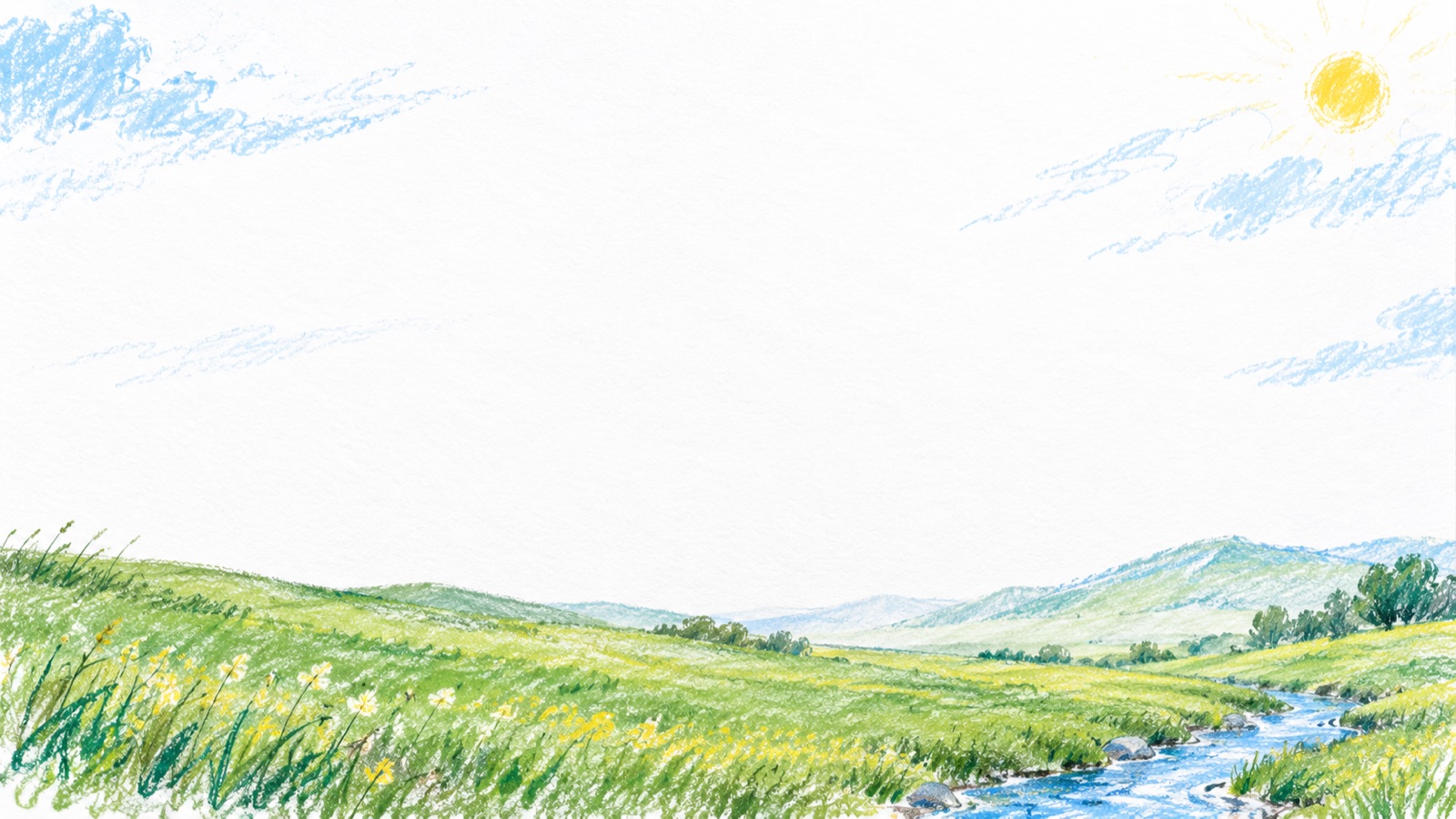 手描きの青空、太陽、緑の丘と水辺