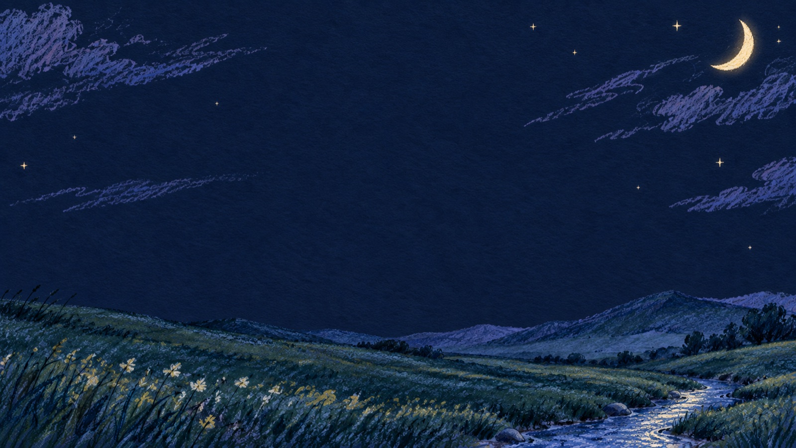 手描きの夜空、三日月、星と静かな水辺